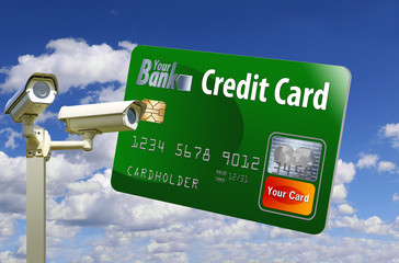 Credit card account monitoring to look for signs of identity theft is illustrated with security cameras pointed at a huge credit card.