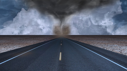 Tornado funnel in desert road landscape