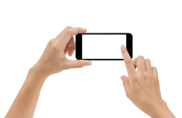 Poster - hand holding phone mobile and touching screen isolated on white