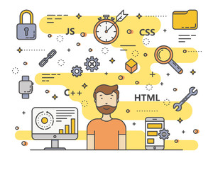 Wall Mural - vector thin line flat design web development, programming concept banner