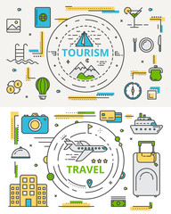 Wall Mural - Vector thin line flat design tourism and travel concept bannes