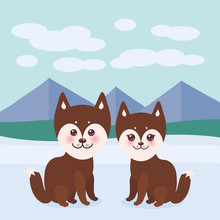 Kawaii Funny Brown Husky Dog, Face With Large Eyes And Pink Cheeks, Boy And Girl, Mountain Landscape Background. Vector