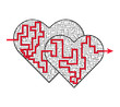 Complex maze puzzle game (high level of difficulty) with way (exit or answer). Success. 2 loving hearts as a labyrinth. Puzzle for St. Valentine Day (14 February) 