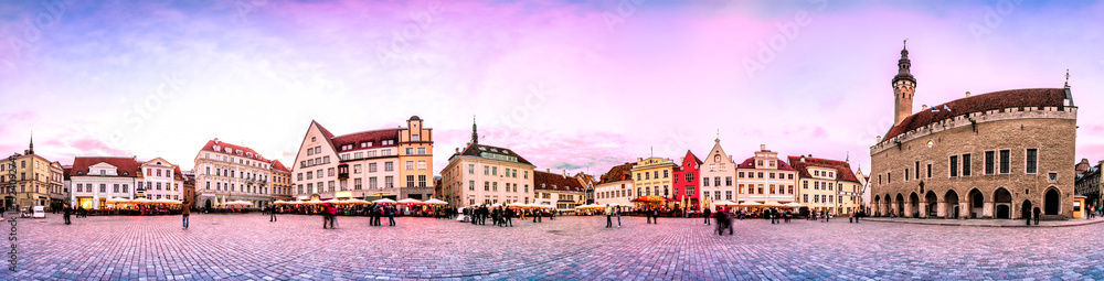 Obraz na płótnie Sunset Skyline of Tallinn Town Hall Square or Old Market Square, Estonia. Panoramic montage from 24 HDR images w salonie
