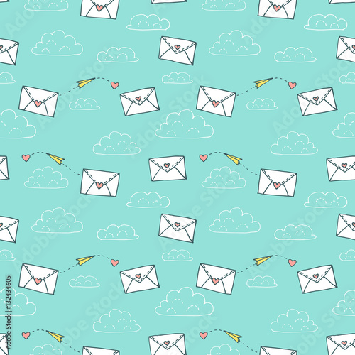 Cotton fabric Valentines day seamless pattern with two love letters, heart and paper airplane. Vector hand drawn illustration in minimalistic style, made with ink outlines