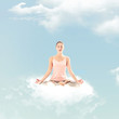 Woman doing a yoga posture on a cloud: Meditation posture - Lotus - Padmasana

