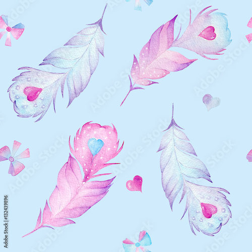 Cotton fabric Hand drawn watercolor vintage seamless pattern with feathers, hearts and bows