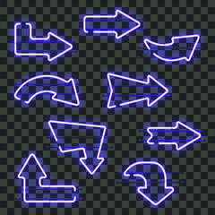 Wall Mural - set of glowing blue neon arrows isolated on transparent background. shining and glowing neon effect.