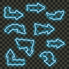 Wall Mural - set of glowing blue neon arrows isolated on transparent background. shining and glowing neon effect.