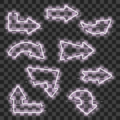 Wall Mural - set of glowing white neon arrows isolated on transparent background. shining and glowing neon effect