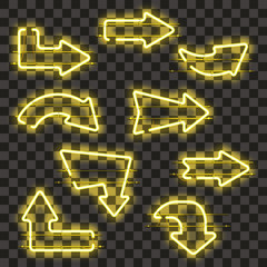Wall Mural - set of glowing yellow neon arrows isolated on transparent background. shining and glowing neon effec