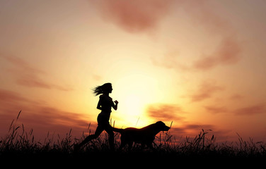 Wall Mural - 3d female and dog jogging at sunset