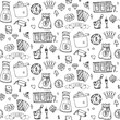 © natashapankina - Seamless pattern with hand drawn doodle Casino icon set. Vector illustration. Cartoon Gambling symbols. Sketchy game collection: bet, jackpot, cards, chips, coins, darts, roulette, poker, money, slot.