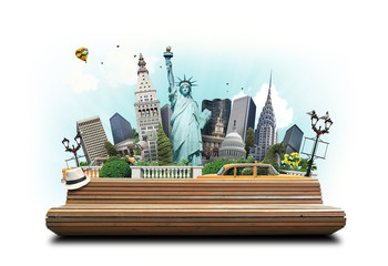 Wall Mural - USA, classic yellow New York taxi and landmarks