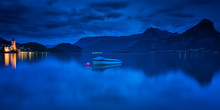 View On The Lakefront Of The City Of St. Wolfgang, Austria In Blue Hour