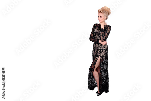 Beautiful Blonde Woman In Elegant Black Evening Dress With Updo