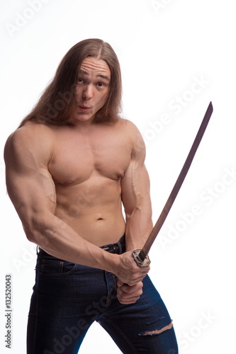 Láminas Portrait of a brutal man bodybuilder with bare-chested with long hair with a Jap