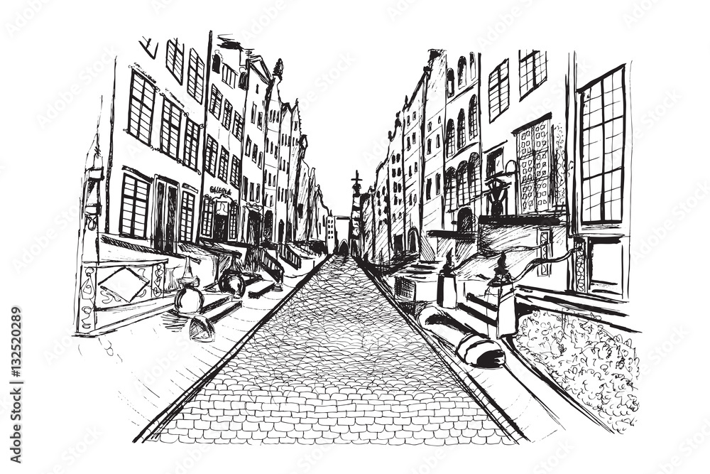 Panorama Gdańska. Rysunek ręcznie rysowany na białym tle. - obrazy, fototapety, plakaty 