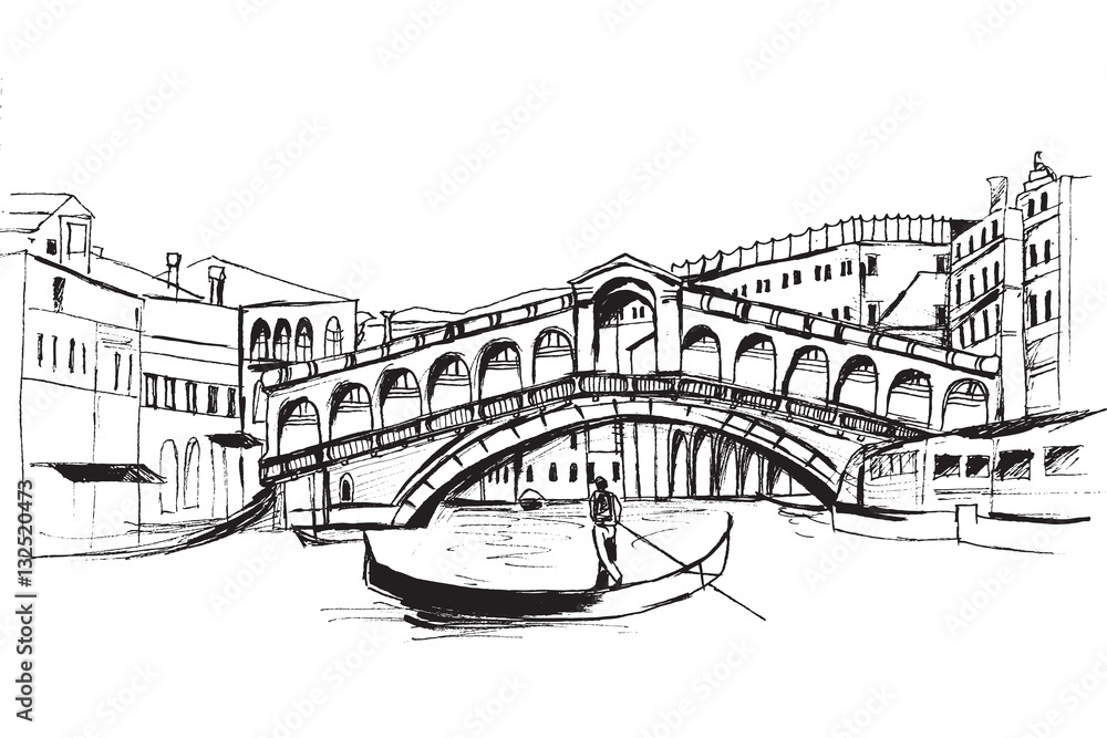 Panorama miasta Wenecja. Rysunek ręcznie rysowany na białym tle. - obrazy, fototapety, plakaty 