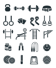 Weightlifting flat vector icons set. Bodybuilding exercises equipment pictograms. Weight lifting training objects. Powerlifting gym workout elements. Healthy lifestyle and physical activity symbols