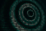 Fototapeta Przestrzenne - circular waves on abstract green blue metallic digital wall in cyberspace, binary technology background