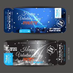 Wall Mural - Vector Happy Valentine's Day night party ticket on the dark blue and gray gradient background with hearts and wave.