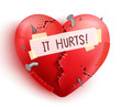 Broken heart wounded in red color with stitches and patches isolated in white background. Vector illustration.
