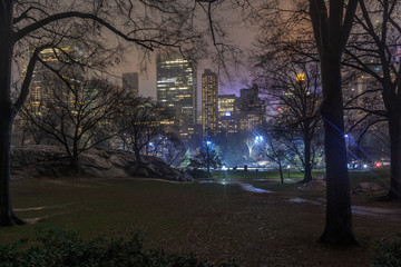 Wollman rink in central park at night.