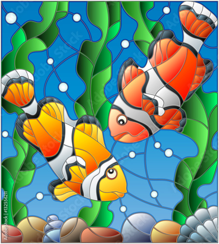 Naklejka dekoracyjna Illustration in stained glass style with a pair of clown fish on the background of water and algae