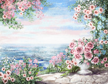 Cute Oil Painting, Summer, Blue Sea. Gentle Marine Landscape. Pink Flower Rose In Vase And Leaf. View On Ocean. Wallpaper. Watercolor Modern Art.