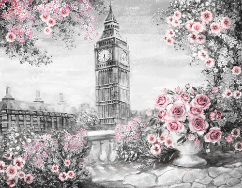 Nowoczesny obraz na płótnie Oil Painting, summer in London. gentle city landscape. flower rose and leaf. View from above balcony. Big Ben, England, wallpaper. watercolor modern art. Gray, pink