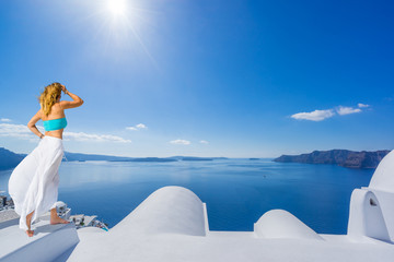 Young woman on holidays, Santorini Oia town