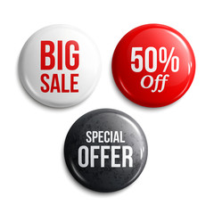 Set of glossy sale buttons or badges. Product promotions. Big sale, special offer, 50% off. Vector.