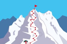 Route To The Top - Climbing, Alpinism, Mountaineering / Career Growth / Goal Achieving Concept - Vector Infographic