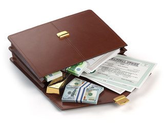 Stock market portfolio concept. Briefcase with capital stocks, b