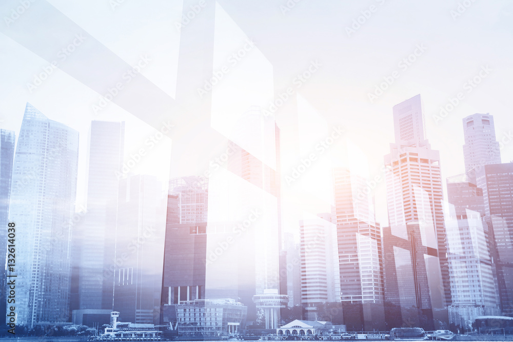 futuristic business background, double exposure of office window and city skyline - obrazy, fototapety, plakaty 