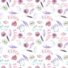 Seamless Floral Pattern With The Watercolor Pink And Purple Flowers And Leaves, Hand  Painted Isolated On A White Background