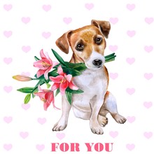 Dog With Flowers. Cute Puppy With Romantic Bouquet. Flower Backdrop.  Watercolor Hand Drawn Illustration. Greeting Card Design. Invitation Poster To Wedding, Birthday. Valentine's Day. For You Title
