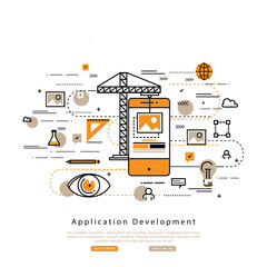 Application development flat line business vector illustration design banner, software API prototyping and testing background. Smartphone interface building process, website coding concept 