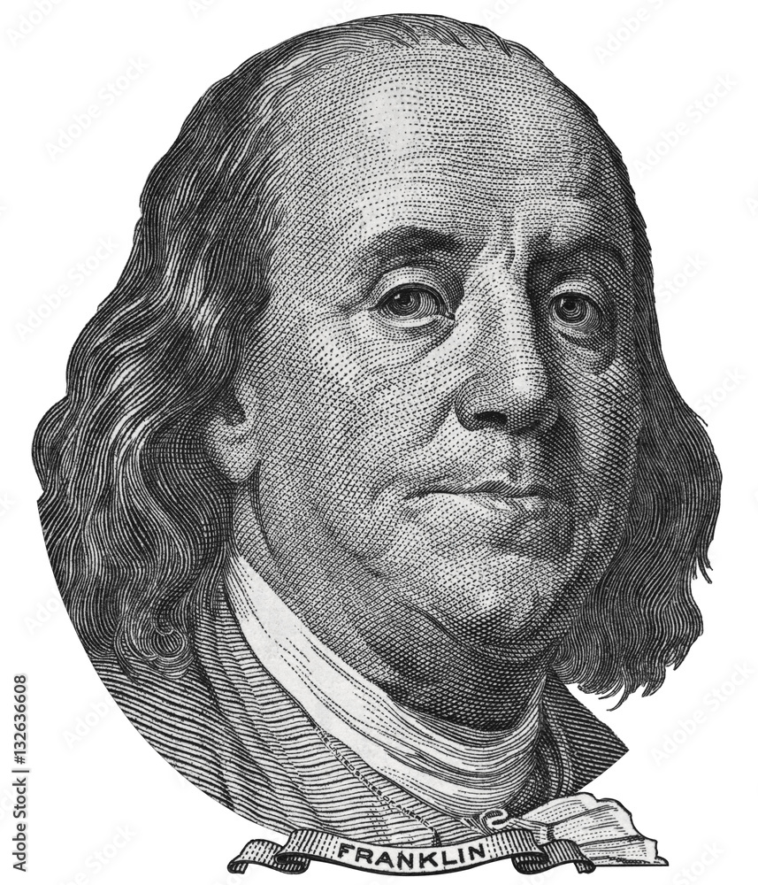 Benjamin Ben Franklin face on US 100 dollar bill closeup isolated, United States of America money close up. - obrazy, fototapety, plakaty 