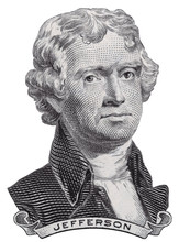 US President Thomas Jefferson Face On USA Two Dollar Bill Macro Isolated, United States Of America Money Closeup