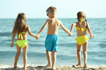 Wall Mural - Cute kids having fun on beach