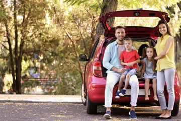 Poster - Family with kids sitting in car trunk