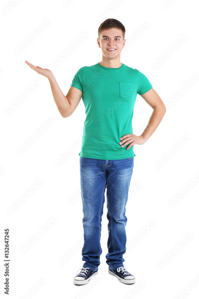 Handsome young man in blank green t-shirt on white background