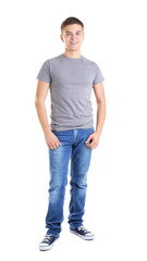 Poster - Handsome young man in blank grey t-shirt on white background