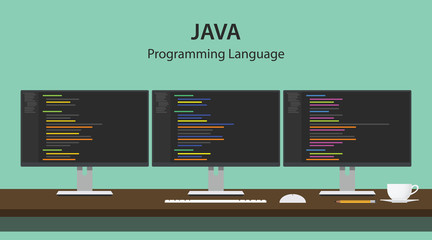 Illustration of JAVA programming language code displayed on three monitor in a row at programmer workspace