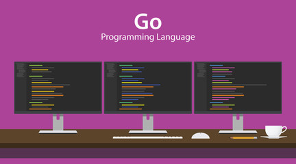 illustration of go programming language code displayed on three monitor in a row at programmer works