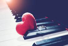 Ring And A Hearts On Piano ,vintage Tone. Valentines Day Background