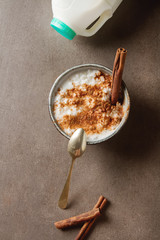 Wall Mural - Traditional rice pudding with cinnamon. Dark background. Tasty a