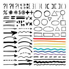 Marker Pen Written Vector Shapes. Highlight Hand Written Arrows, Lines And Signs Isolated On White Background